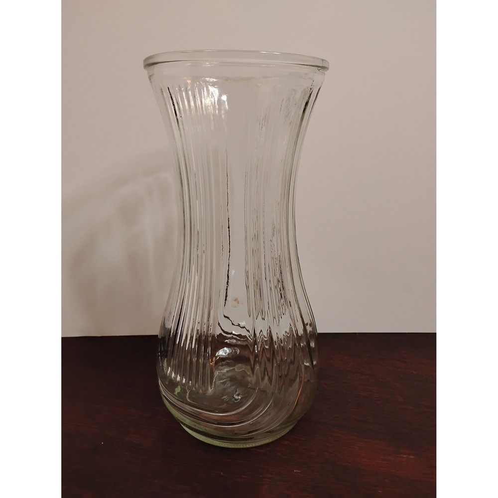 Hoosier Glass 4087-B Clear Fluted Ribbed Hourglass Floral Vase 9.75 Inch Vintage
